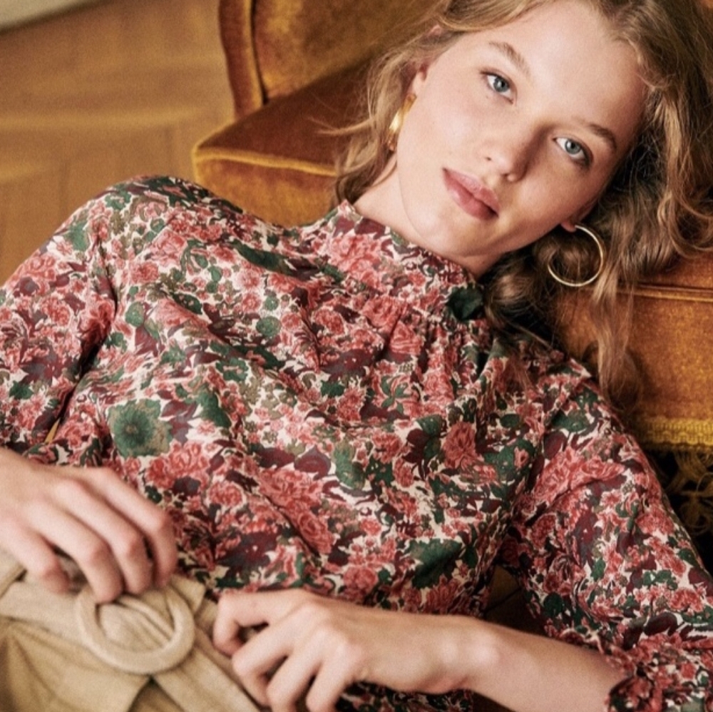 Sezane Clothilde Blouse with Ruffle Collar and Tie-Neck